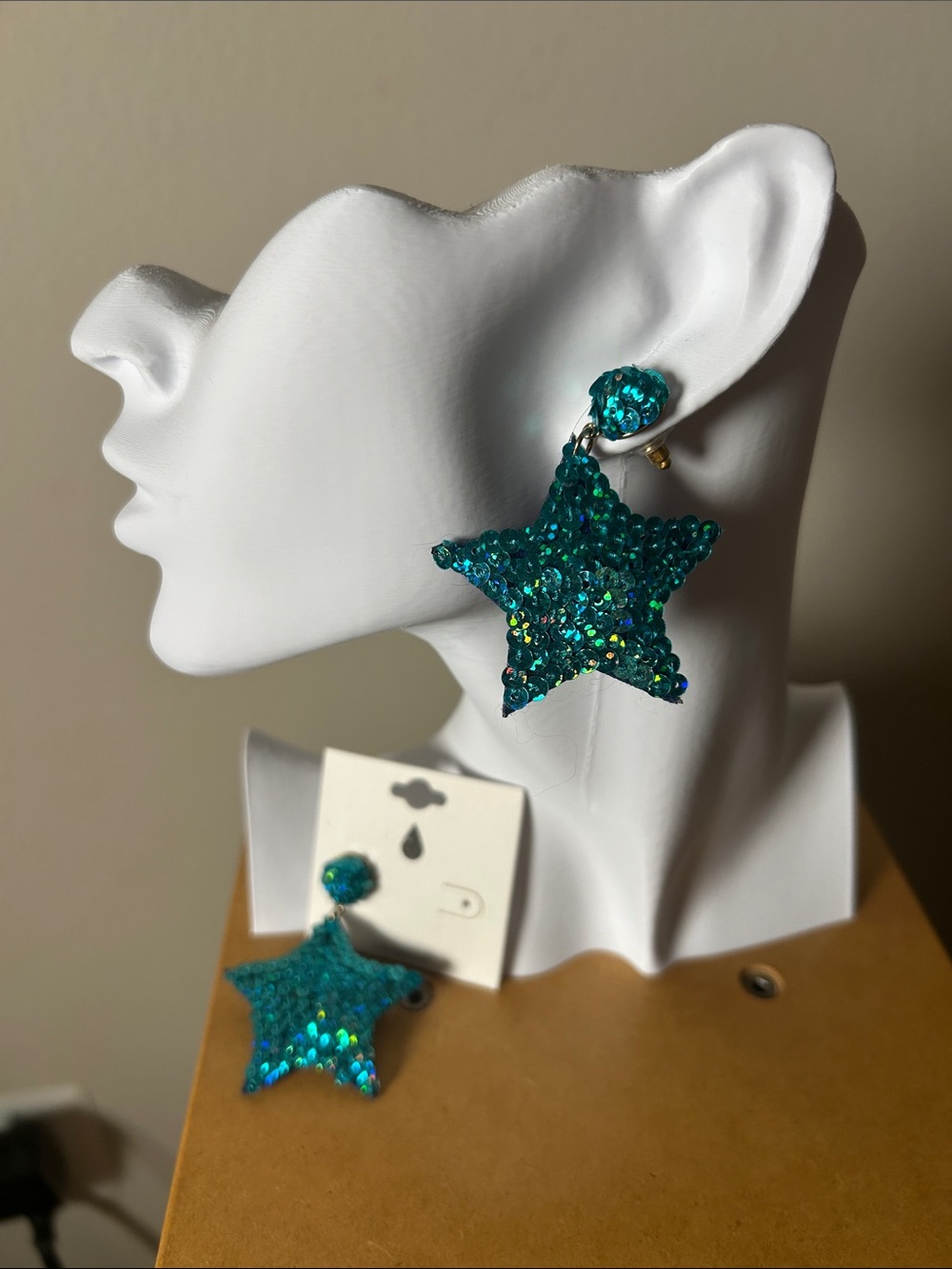Teal Sequin Star Statement Drop Earrings